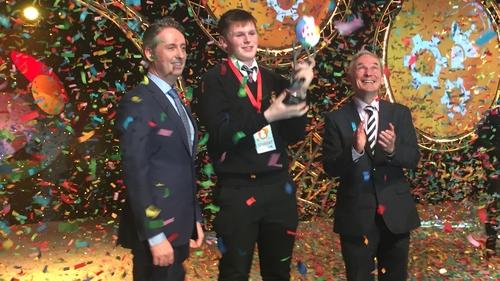 Winner Shane Curran is pictured with Shay Walsh, MD of BT Ireland (left), and Education Minister Richard Bruton (right)