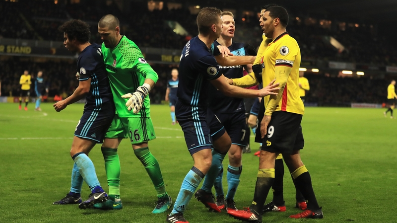 Watford and Middelsbrough players square up during the draw at Vicarage Road