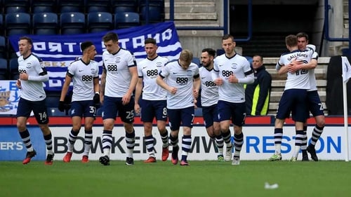 Preston players celebrate their opening goal at Deepdale