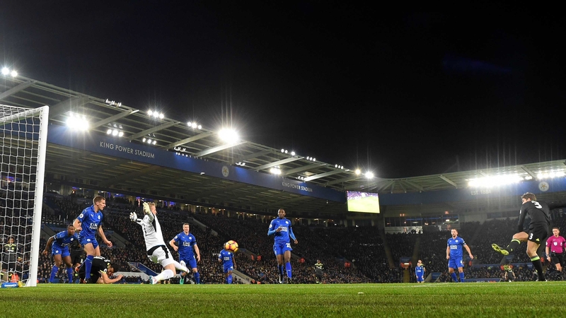 Marcos Alonso scores the opening goal at the King Power Stadium