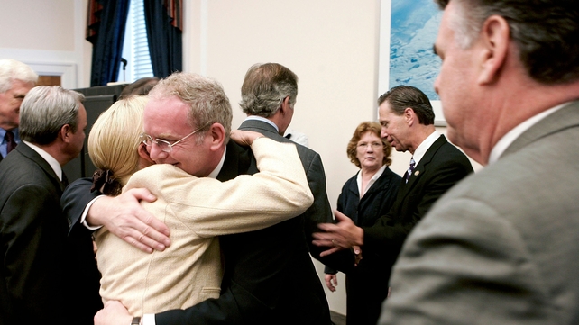 McGuinness embraces US Rep Carolyn McCarthy following a news conference on Capitol Hill after the IRA announces an end to its armed campaign