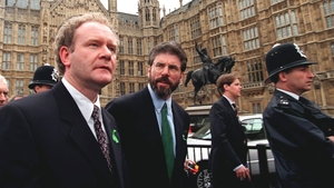 Newly-elected Sinn Féin MPs Gerry Adams and Martin McGuinness leave Parliament at Westminster after challenging an order barring them from the premises for refusing to swear allegiance to the Queen