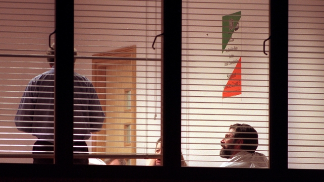 Gerry Adams, Siobhán O'Hanlon and McGuinness in discussions at the Sinn Féin office in Belfast in 1998