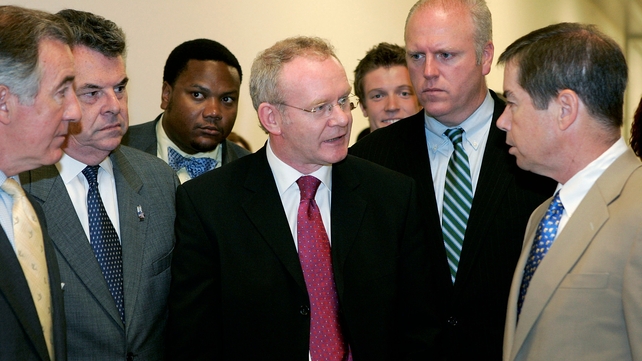McGuinness is pictured arriving at a press conference with US politicians including Richard Neal (L) in Washington