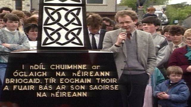 McGuinness speaking at the funeral of one of the victims of the Loughall massacre in 1988