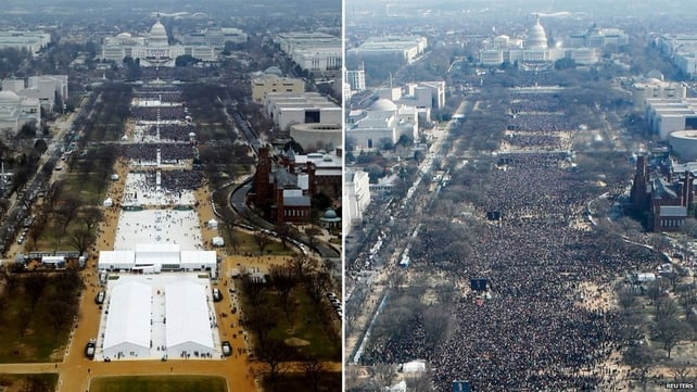 An early glimpse of Trump's presidency was his insistence that the crowds at his inauguration (L) were larger than those at Barack Obama's in 2009