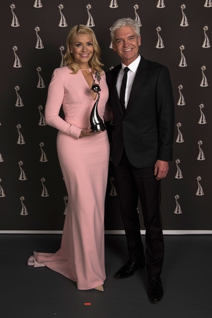 Holly Willoughby and Philip Schofield with their award Best Live Magazine Show. Loving Holly's pale pink backless dress
