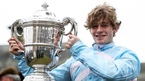 Jockey David Mullins celebrates another big win in his career in the saddle