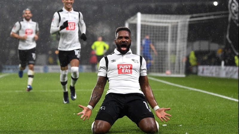 Darren Bent celebrates the goal he meant to score at Pride Park