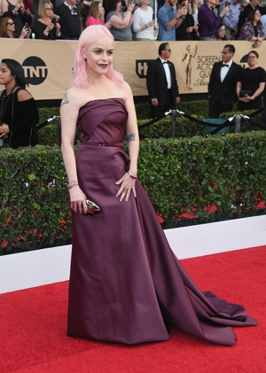 Mmmm: OITNB star Taryn Manning chose this burgundy dress which dwarfed her slim frame. A lot of talk that she has started a new pink-haired trend though!