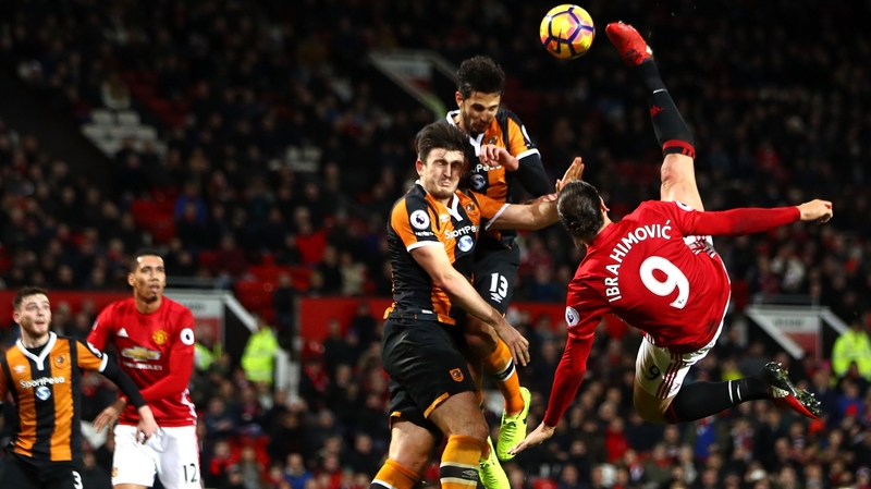 Zlatan Ibrahimovic attempts an acrobatic kick against Hull City