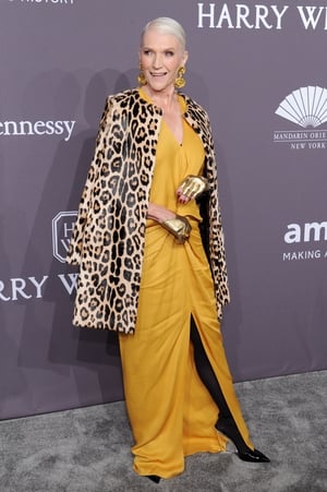 Model Maye Musk is giving us goals. Pologeorgis coat, Mahanz jewellery, Giuseppe Zanottishoes shoes and check out those gloves!