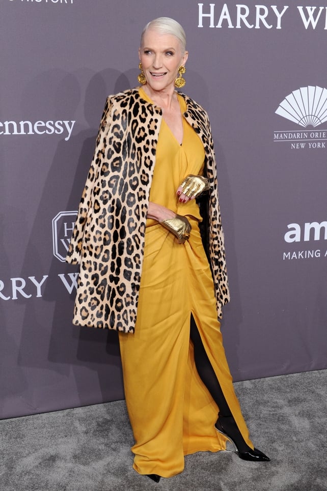 Model Maye Musk is giving us goals. Pologeorgis coat, Mahanz jewellery, Giuseppe Zanottishoes shoes and check out those gloves!