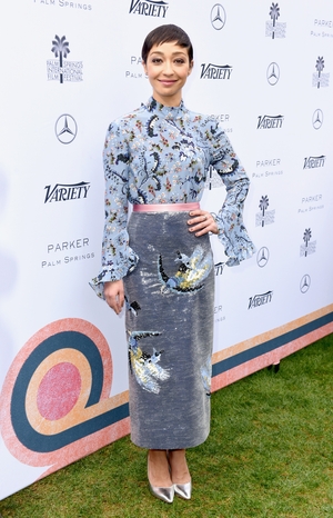 Looking so elegant in this beautiful Erdem blouse and coordinated ankle-length skirt.