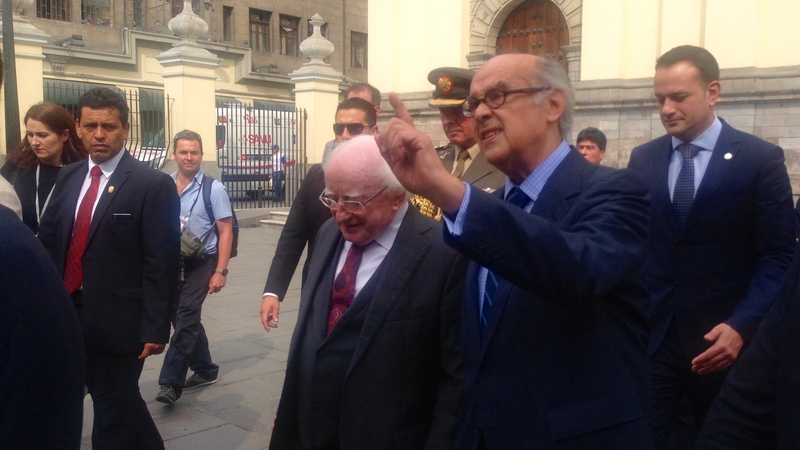 President Michael D Higgins pictured in Lima with Peru's minister for foreign affairs