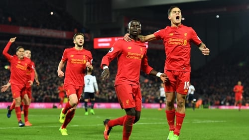 Sadio Mane celebrates his second goal at Anfield