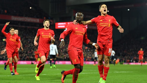 Sadio Mane celebrates his second goal at Anfield