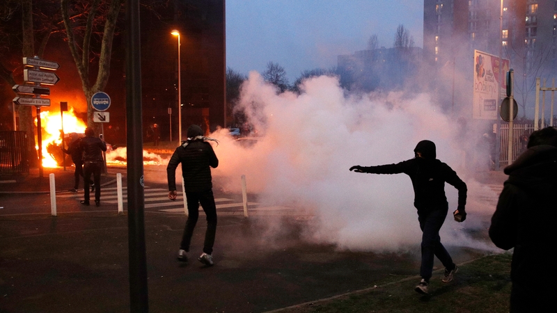 Protesters clash with French riot police in Bobigny, a suburb of Paris