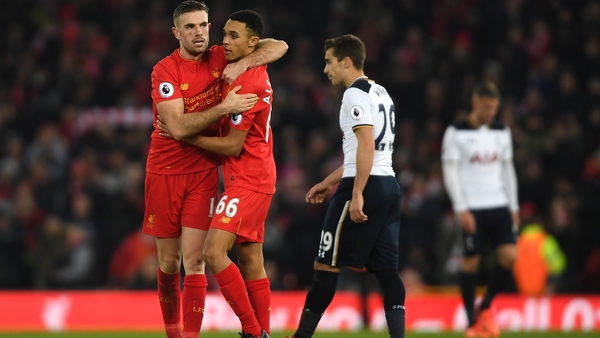 Jordan Henderson and Trent Alexander-Arnold celebrate the win over Spurs