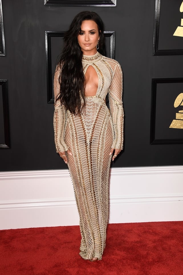Mmmm: For a dress that's barely there, Demi Lovato's Julien MacDonald number is a little too busy.