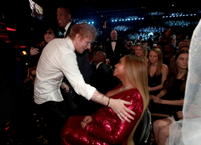 <p>Ed Sheeran popped over to say hi to Beyoncé last night at the Grammys</p>