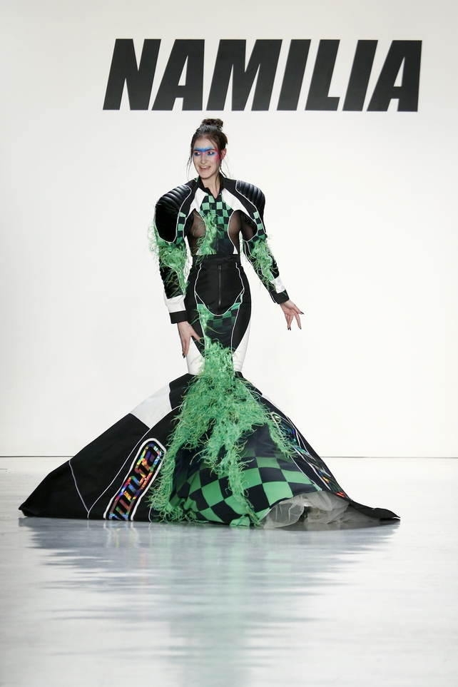 Sunday Day 4: The Namilia fashion show was as outrageous as expected! We had to keep our picks modest, this dress wasn't the wildest by far!