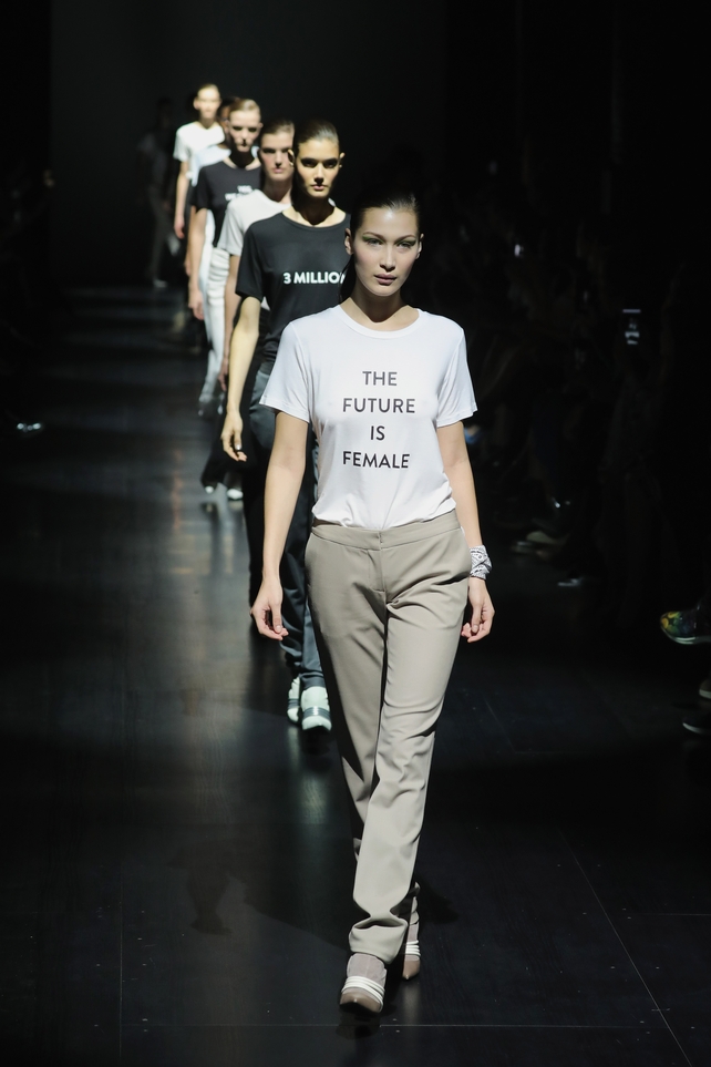 Sunday Day 4: Bella Hadid leading an army of models in statement tees by Prabal Gurung.