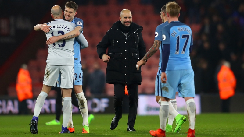 Pep Guardiola congratulates his players on the win over Bournemouth