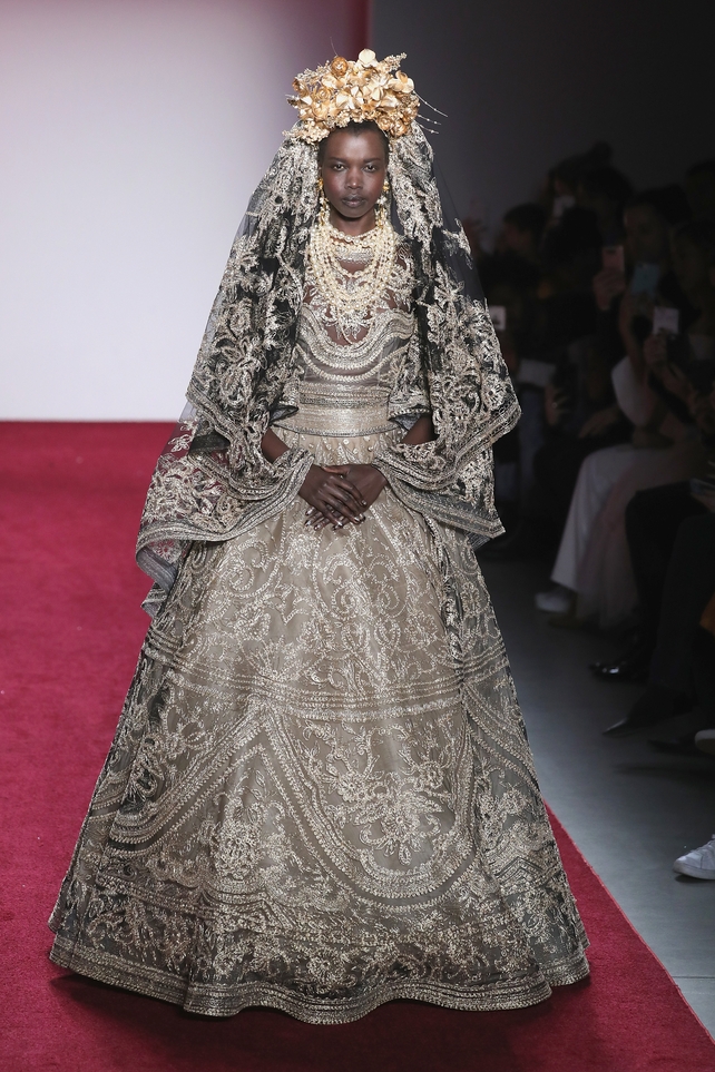 February 14th Day 6: Beyoncé-like crown and veil with magnificent embroidered dress at the Naeem khan fashion show.
