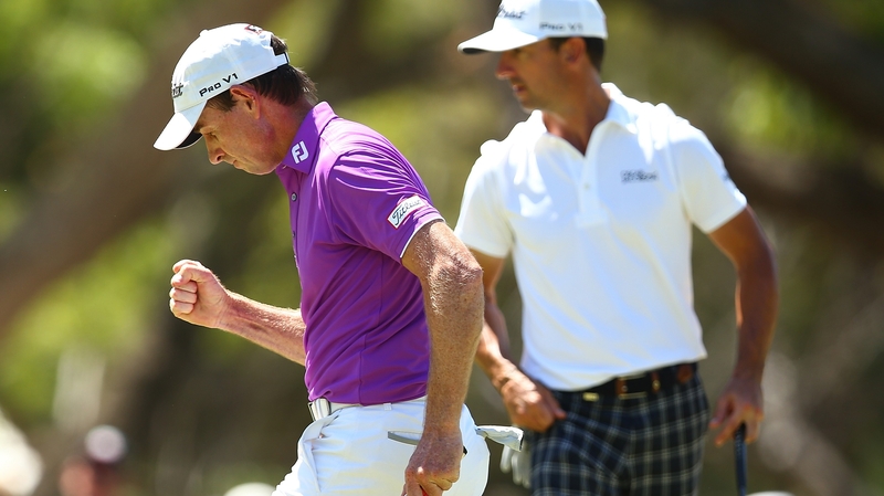 Brett Rumford celebrates his put on the 17th on the final day in Perth