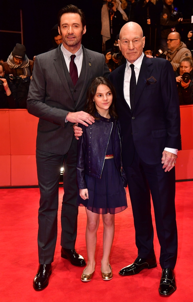 Hugh Jackman, Dafne Keen and Patrick Stewart attending the 'Logan' Premiere. How cute is her co-ord top and skirt combo?