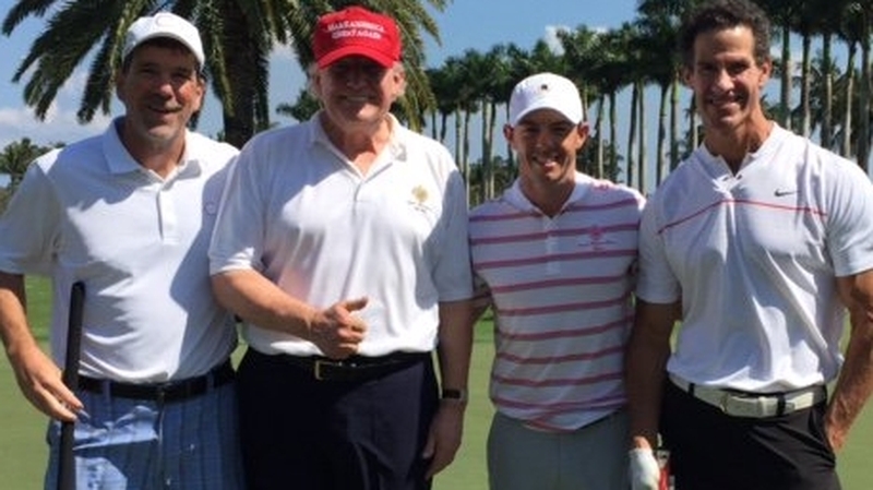 Rory McIlroy pictured with (L-R) Clear Sports CEO Garry Singer, US president Donald Trump and former New York Yankees baseball player Paul O'Neill at Trump International. Picture: @ClearSports