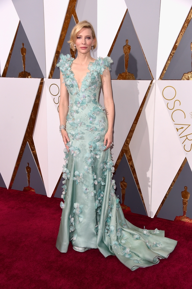 Cate looks simply mesmerizing in this icy Giorgio Armani Privé gown at the 2016 Oscars. She was nominated for her role in 'Carol'. We are in love with that Tiffany & Co. bracelet!