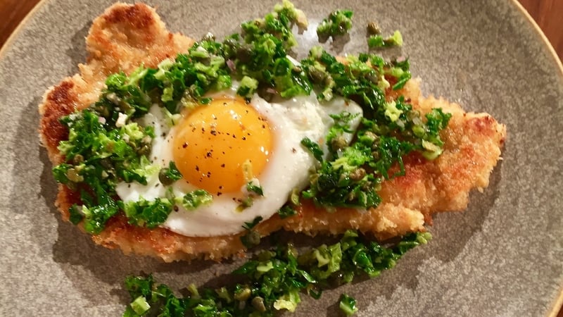 Stephen's Pork Schnitzel, fried egg & cabbage salsa: Today