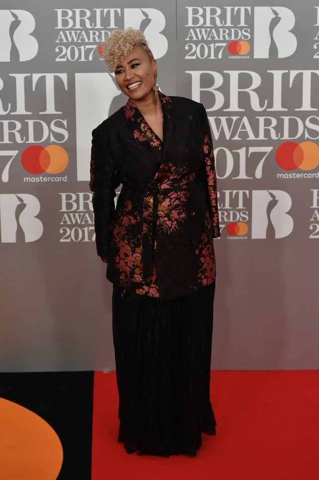 Emeli Sande wore an over-sized coat with pink foil print.