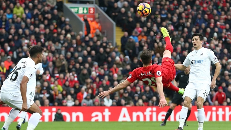 Adam Lallana attempts an overhead against Swansea