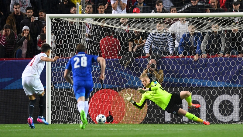 Kasper Schmeichel saves a first-half penalty