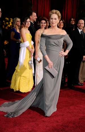 An Alberta Ferretti off-the-shoulder gown complete with train at the 2009 ceremony. Meryl was nominated for her role in 'Doubt' that year.