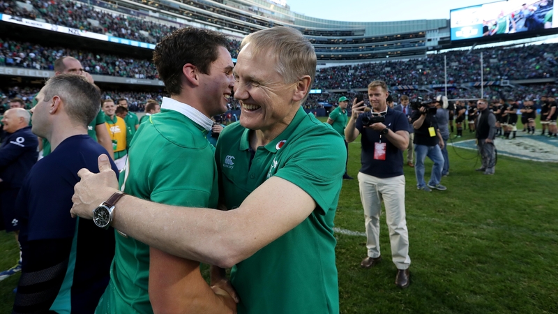 Joey Carbery and Joe Schmidt celebrate the win over New Zealand last November
