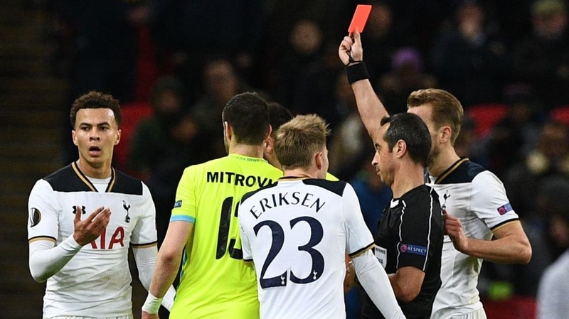Dele Alli (L) is sent off against Gent