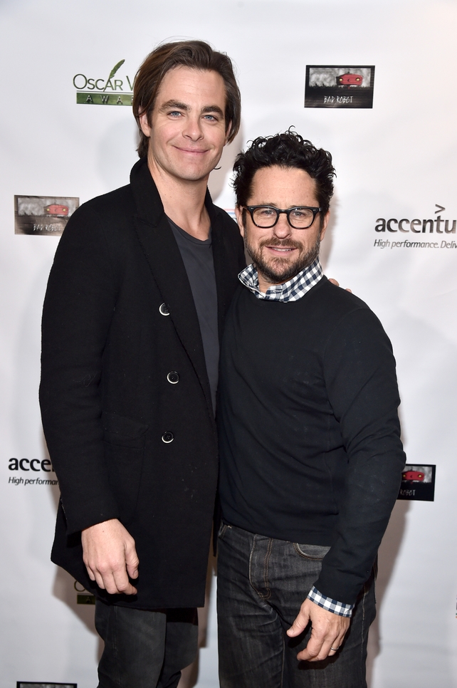 Presenter Chris Pine and director J.J. Abrams look casual cool on the green carpet.