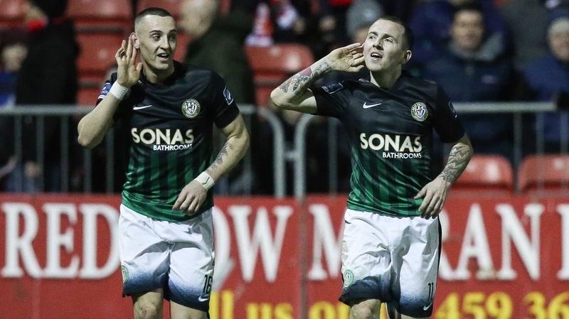 Gary McCabe celebrates scoring Bray's second goal with Dylan Connolly