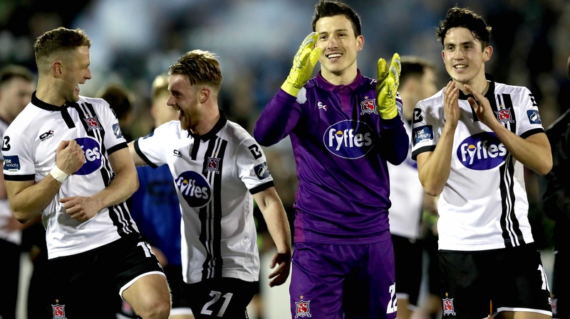 Dundalk players celebrate a hardfought win at the final whistle
