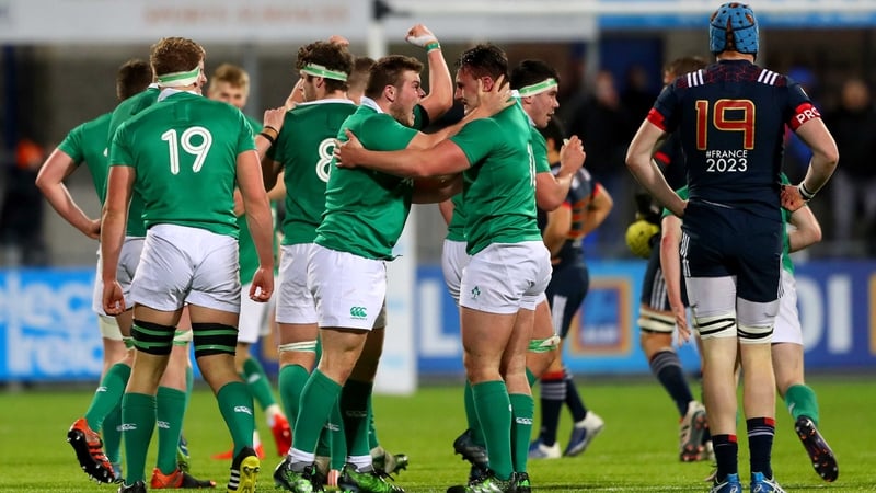 Ireland Under-20 side celebrate at full-time in Donnybrook