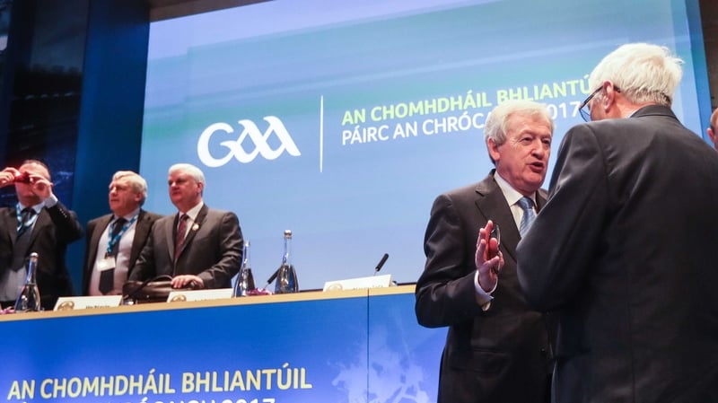 Director General of the GAA Paraic Duffy (R) speaks to Westmeath county board chairman Sean Sheridan