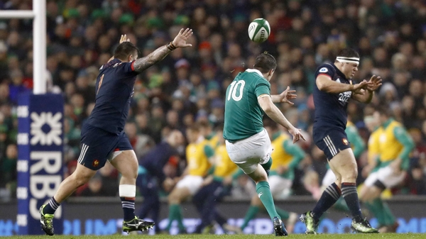 Jonathan Sexton boots over a brilliant drop-goal against France