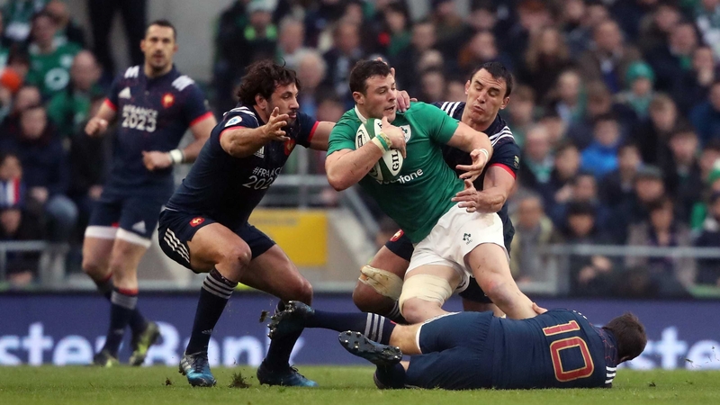 Robbie Henshaw is targeted by three French tacklers at Aviva Stadium