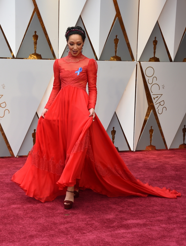 Our girl has arrived! Ruth Negga looks absolutely stunning in this Valentino red dress with jewellery by Irene Neuwirth for Gemfields.