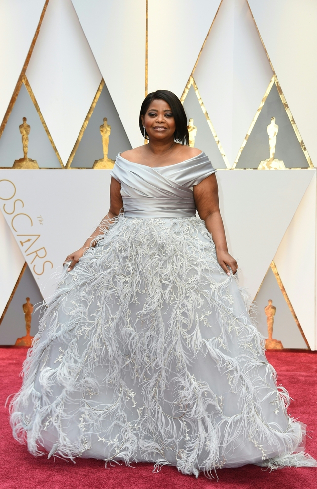 Nominee for Best Supporting Actress 'Hidden Figures' Octavia Spencer looks fabulous in a feathery Marchesa.