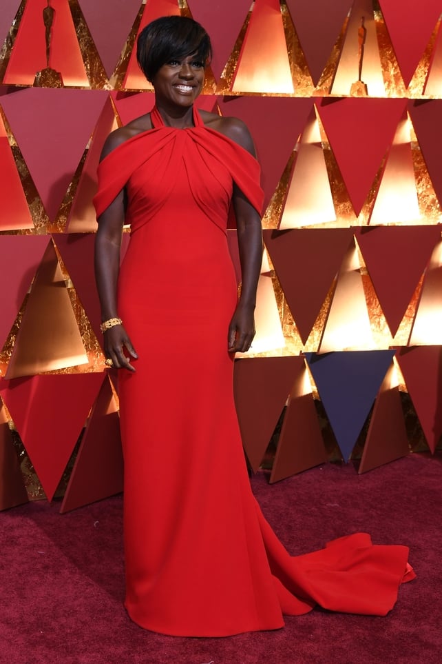 Nominee for Best Supporting Actress in 'Fences' Viola Davis stuns in a floor length custom red Armani dress